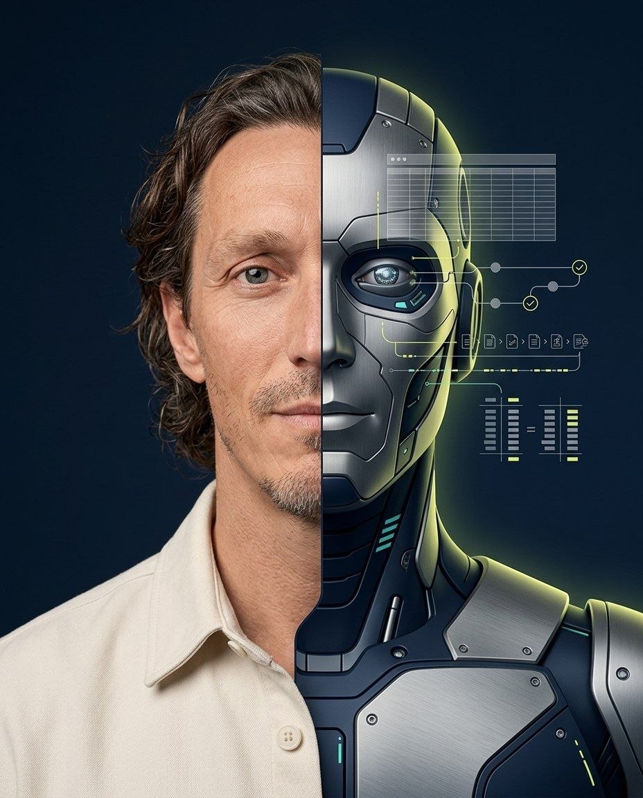 Ruben Hartog als half mens en half robot, met een digitaal financieel dashboard